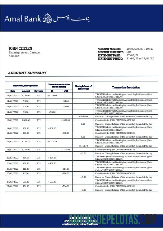 Modelo de extrato bancário da Somália Amal para download em formato Word e PDF